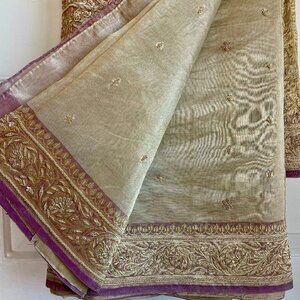 100% Pure Tissue Silk Saree - Lilac and Ivory - WORN ONLY ONCE